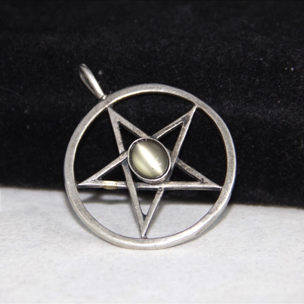 925 Sterling Silver Pentagram Pendant Cats Eye Stone Star Wiccan Pagan Jewelry - Picture 4 of 8
